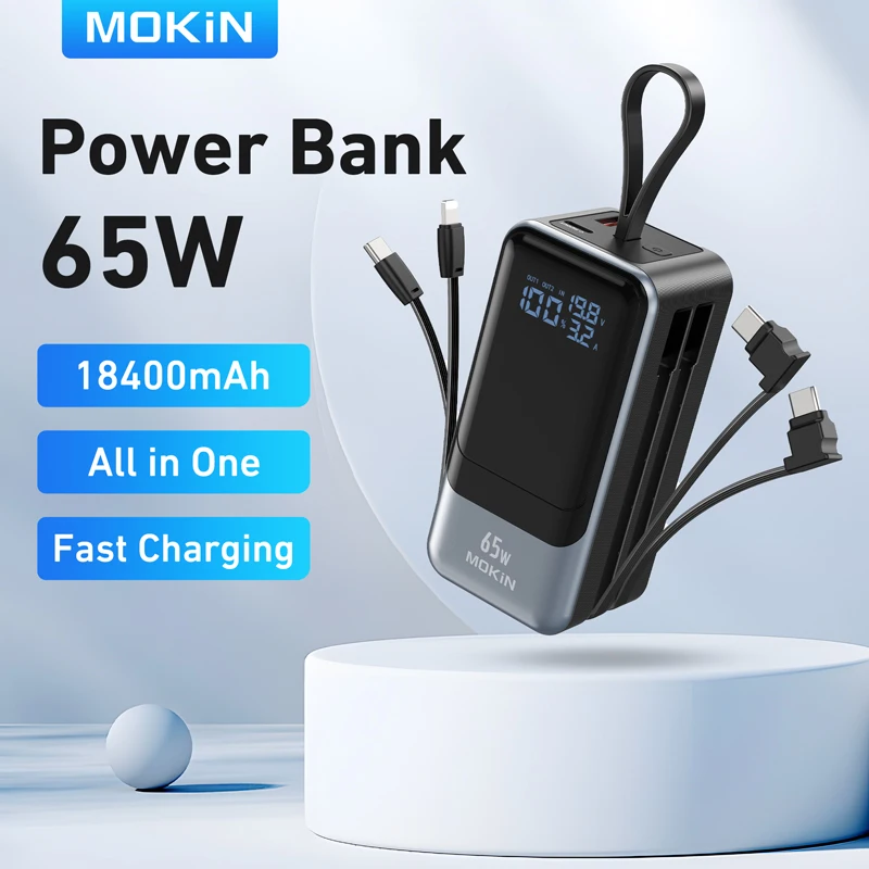 MOKiN 65W Power Bank,Portable EXternal Battery PD 3.0 Fast Charger with Smart Digital Display For Samsung iPhone 15 14 13 Laptop