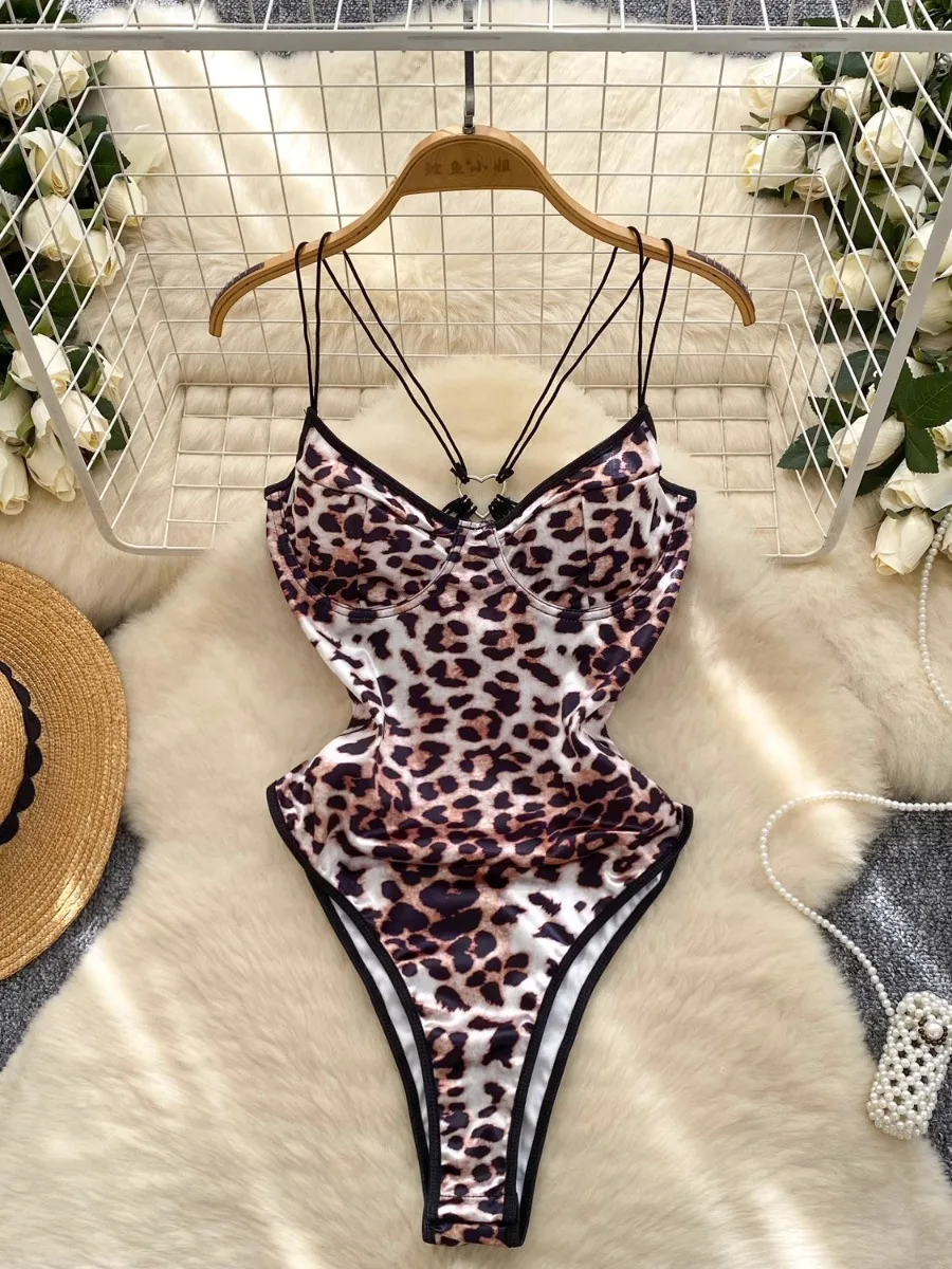 

Foamlina Sexy Backless Slim Cinched Waist Bodysuit Women Summer New Leopard Print Halter Night Club Street Girl's Camis Top Vest