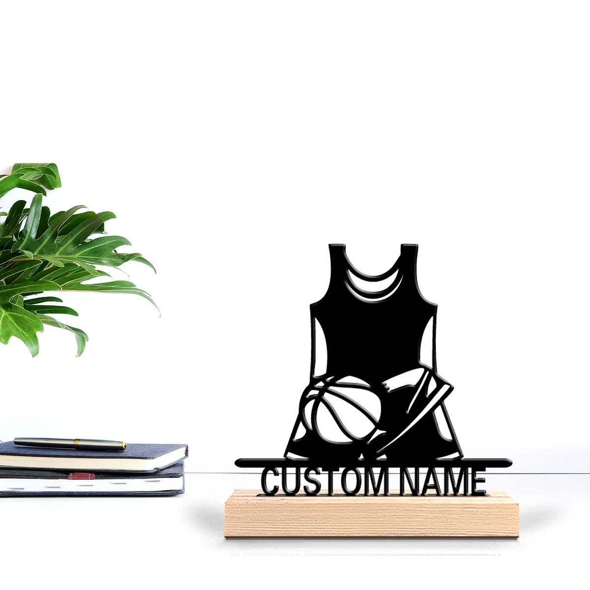 1pc Minimalist Basketball clothes Customizable Name Art Figurine With Wood Base Iron Statue With Wood Base For Boys Gifts