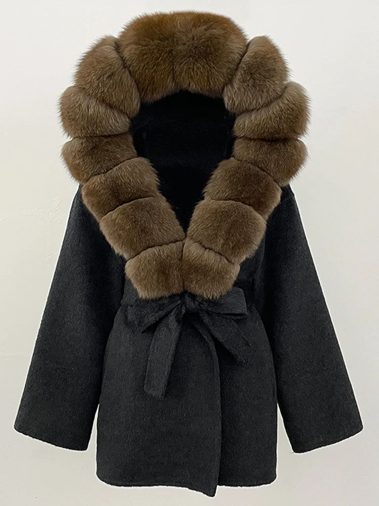 Women Hooded Belt Woolen Jacket Real Fox Fur Wool Coat Female Natural Fur Coat Lady 2025 Fashion Luxury Winter Clothes