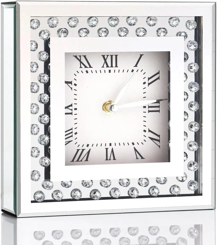 

Настольные часы Sparkle Crystal Mirror, бесшумный механизм, 8x8x2 дюйма, серебристый декор для дома с алмазными акцентами
