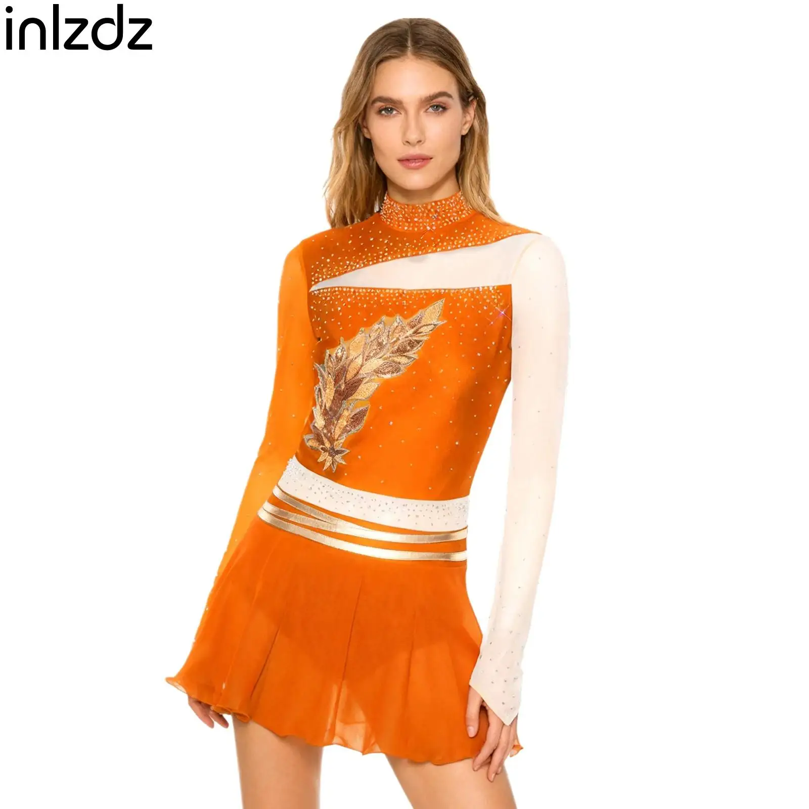 

Women's Skating Lyrical Dance Leotard Dress Embroidered Rhinestones Long Sleeve Dress for Prom Party Performance Competition