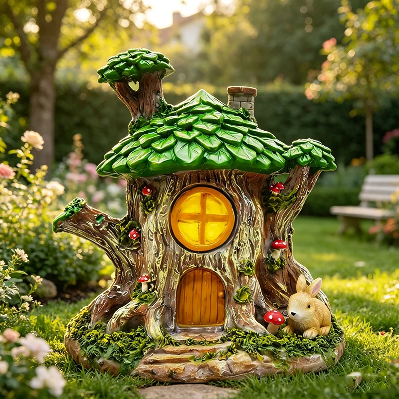 Fairy Tale Tree House Figurine with Rabbit Mushroom, Micro Landscape Ornament for Garden Courtyard Balcony Home Decor Gift