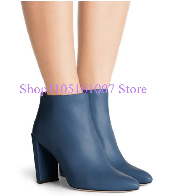 

Blue Color Leather Chunky Heel Lady Ankle Boots Fashion Thick Heel Large Size Woman Short Booties Female Office Dress Party Shoe