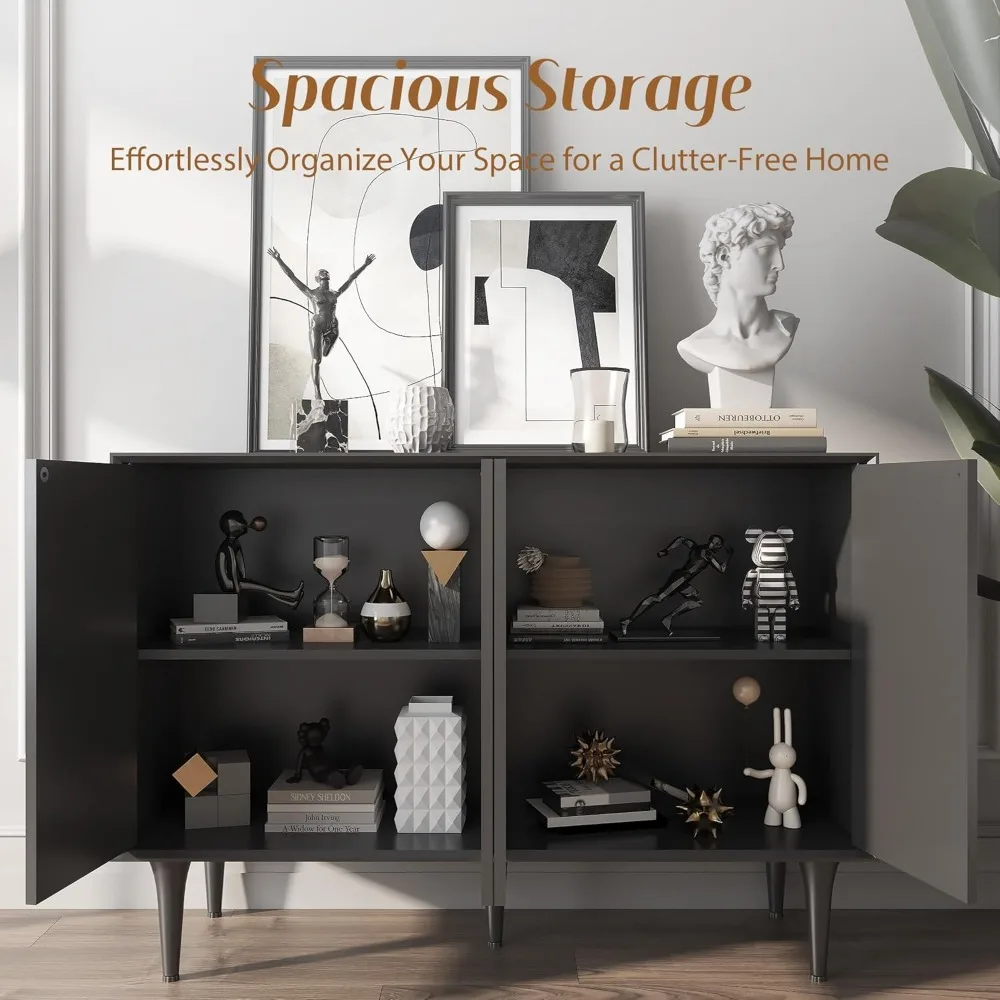 Modern Sideboard Buffet Cabinet, Accent Wooden Storage Cabinets with 2 Doors, Adjustable Shelves and Decorative Wave Panel Store