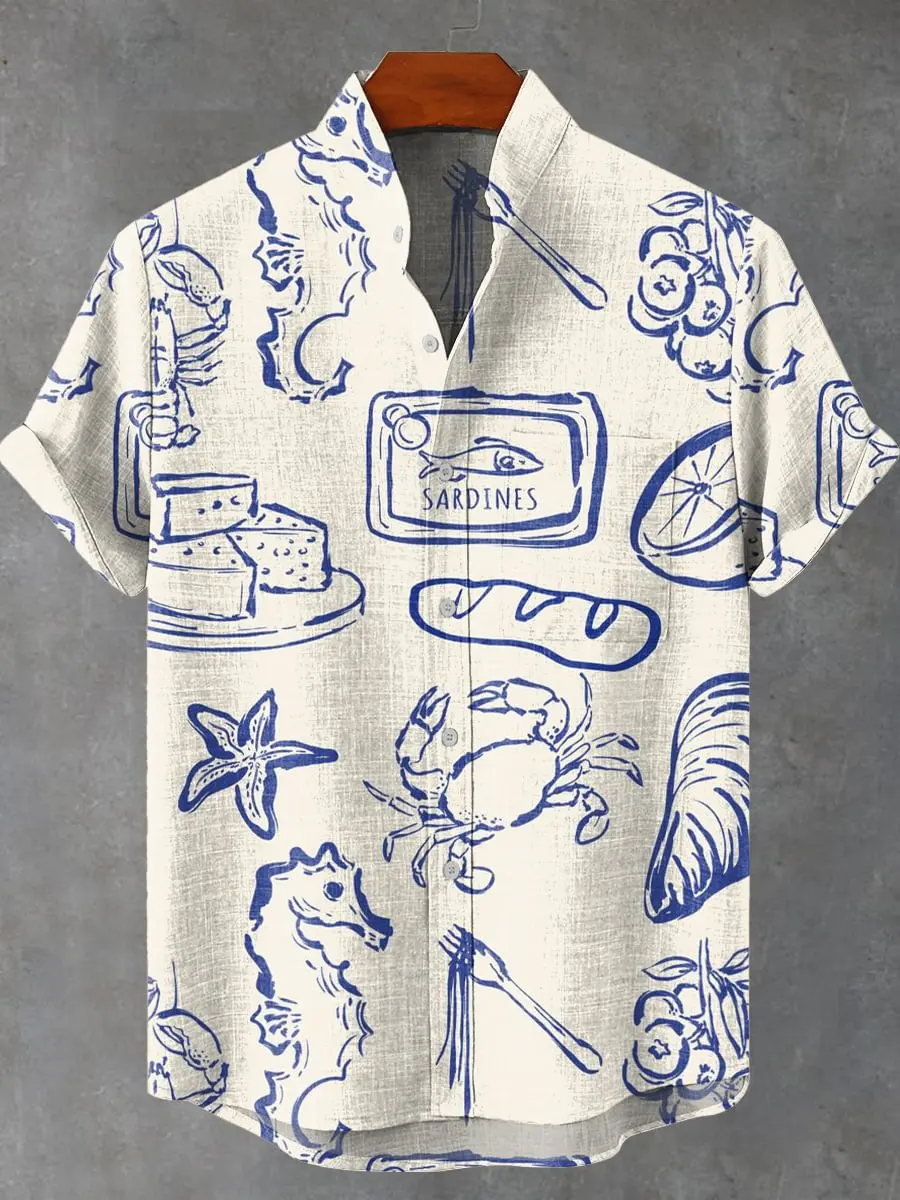 

Мужская рубашка с коротким рукавом, винтажная повседневная льняная рубашка с 3D принтом рыбы, 80% красивый летний стиль