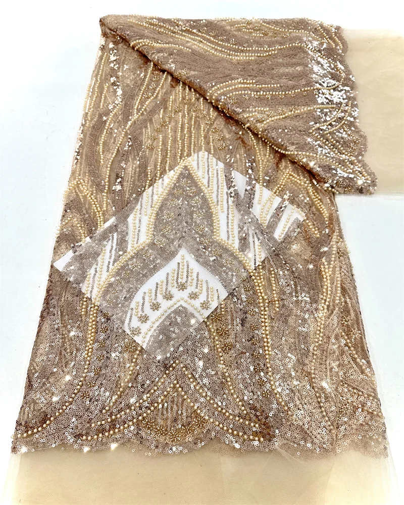 

2025 High Quality African Lace Fabric with Sequins Embroidery French Mesh Net Fabric for Nigeria Party Dresses 5Yards