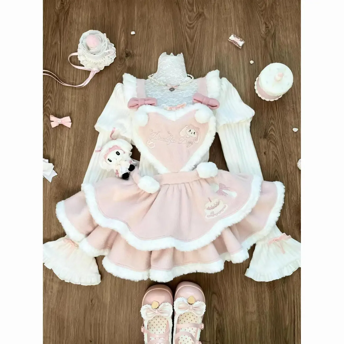 Roze Zoete Lolita Jurk 3-delige Set Herfst Winter Vrouwen Leuke Boog Bunny Capuchon Mantel Kawaii Cartoon Slanke Jurken Gothic Y2k Pak