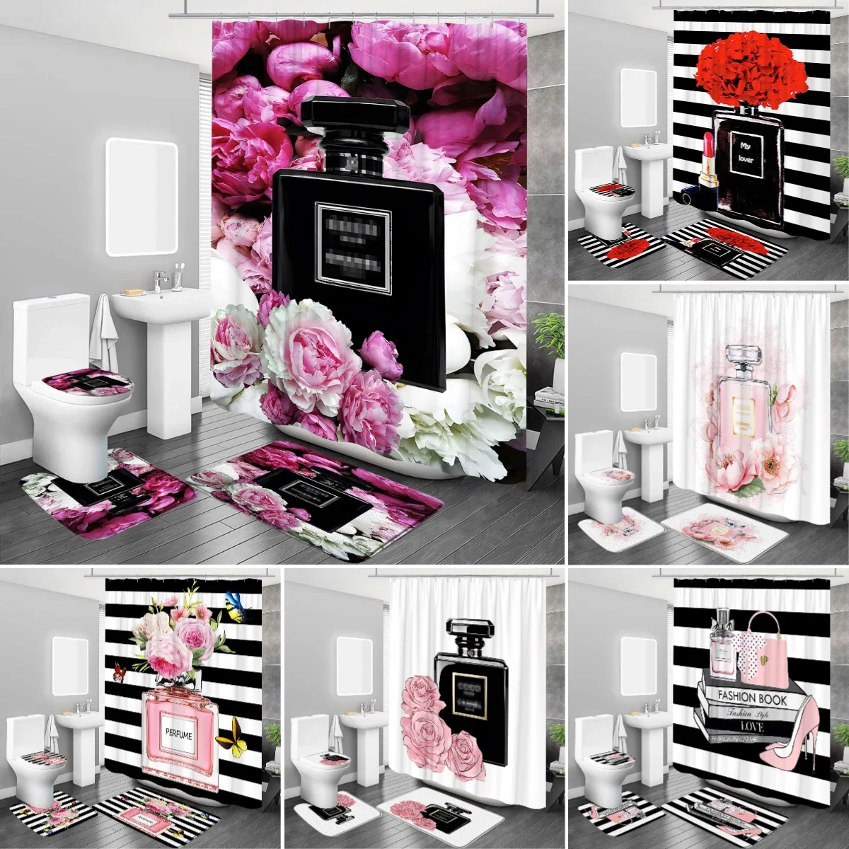 

Chic Perfume&Peony Bathroom Set | Black Perfume Bottle on Pink Peony Shower Curtain, Matching Mats&Toilet Lid Cover, 4-Piece Set