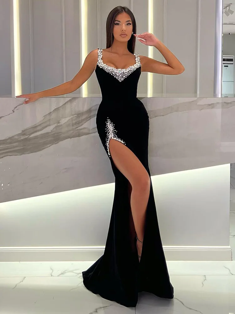 

Women's Cocktail Party Dress Spaghetti Strap Crystal Pearl Black Velvet Sexy High Slit Maxi Gown for Special Events