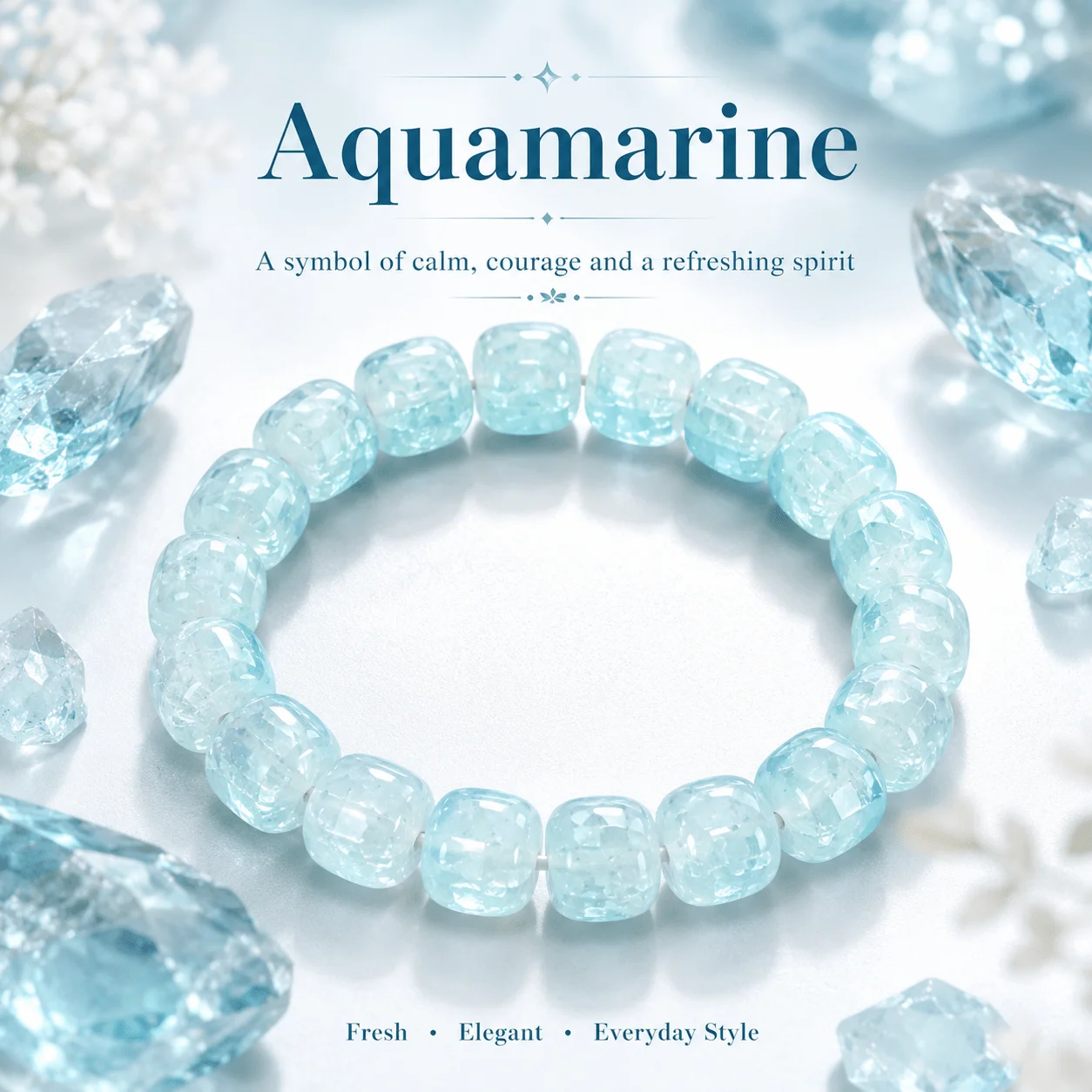Light Blue Bead Stretch Bracelet, Glossy Ice Crack Square Beads, Sea Inspired Elastic Wristband Jewelry for Summer Vacation