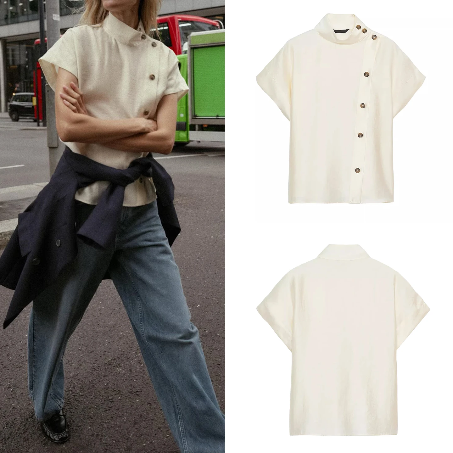 

Faionable Contrast Color Button irt Women's Sle Autumn 2025 Casual Loose Fit ort Sve Stand Collar Regular Length