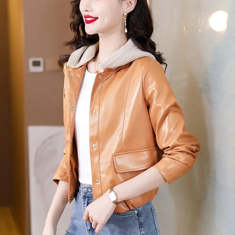 Fashionable Hooded PU Leather Jacket Women's Short Leather Coat 2023 Autumn New Korean Trend Motorcycle Wear Leather Overcoat