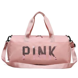 Novo lantejoulas rosa saco de ginásio feminino sapato compartimento sacos de desporto à prova dwaterproof água para a formação de fitness bolsa de viagem do esporte