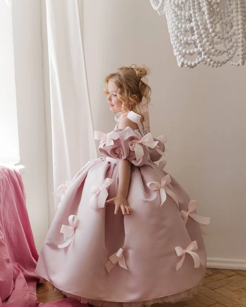 Jill desejo m021 elegante vestido de menina flor rosa com arcos cetim fora do ombro festival de aniversário festa de casamento vestido de concurso para crianças