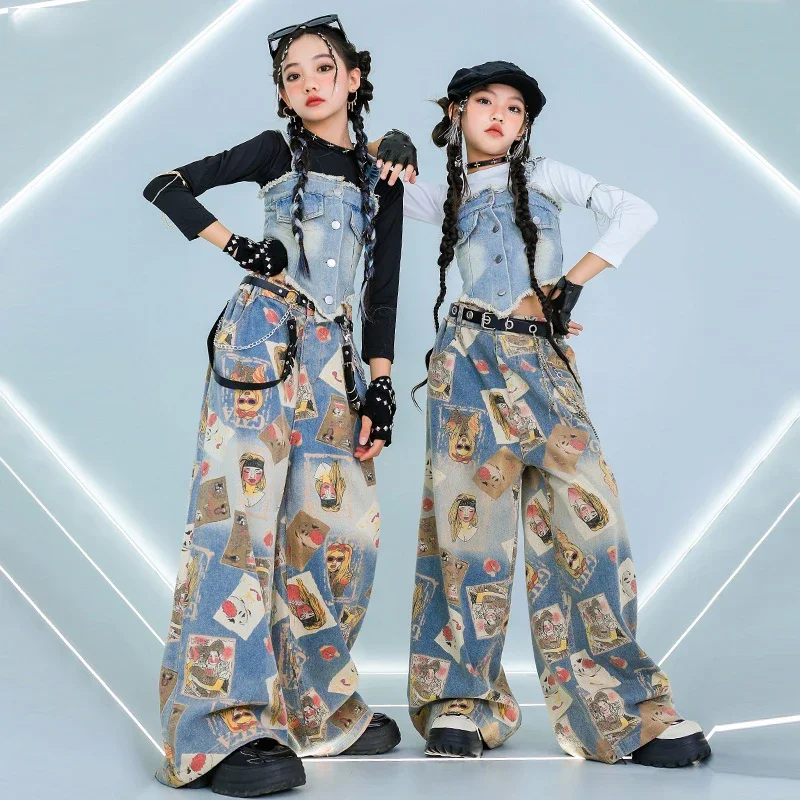 

2025 New Childs Jazz Dance Costume For Girls Hip Hop Street Dance Performance Costume Silvery Cowboy Strap Set Dance Set XH1789