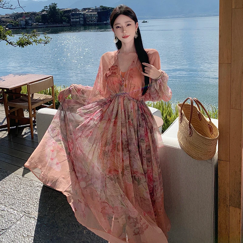 2024 Sping Autumn Bohemian Women Pink Floral V-neck Lantern Long Sleeve Waist Dress Romantic Retro High Quality