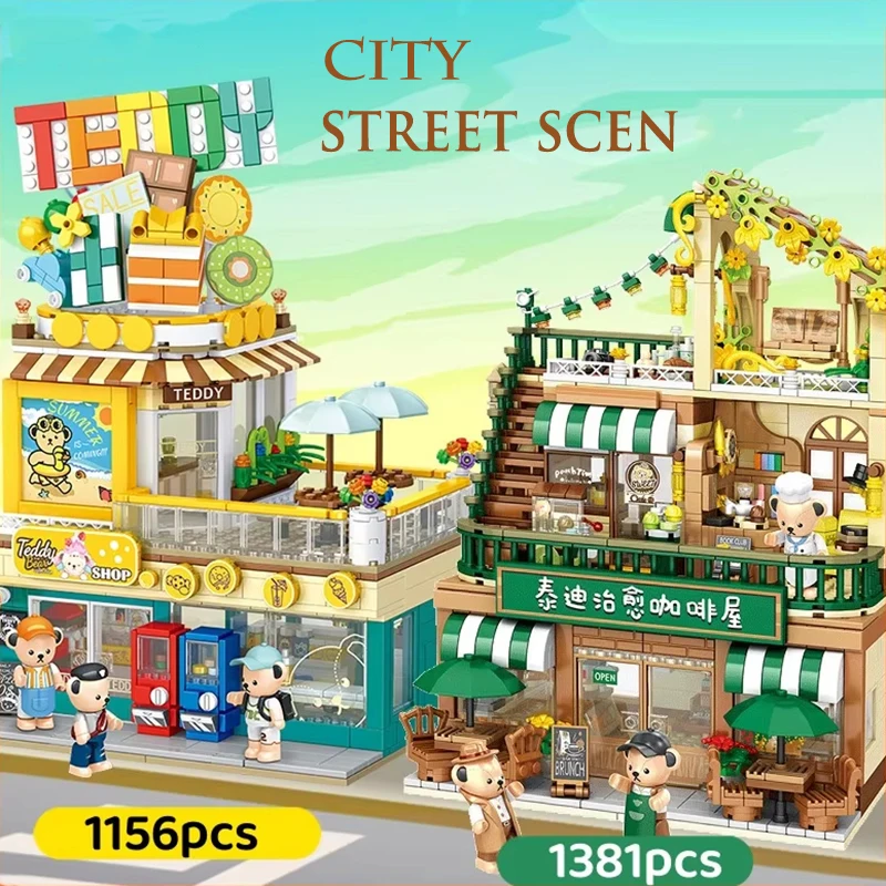 

Городская уличная сцена, плюшевый мишка, кафе, круглосуточный магазин, строительные блоки, креативный DIY Кумамон Рамен, ресторан, кирпичи, модель игрушки, подарок