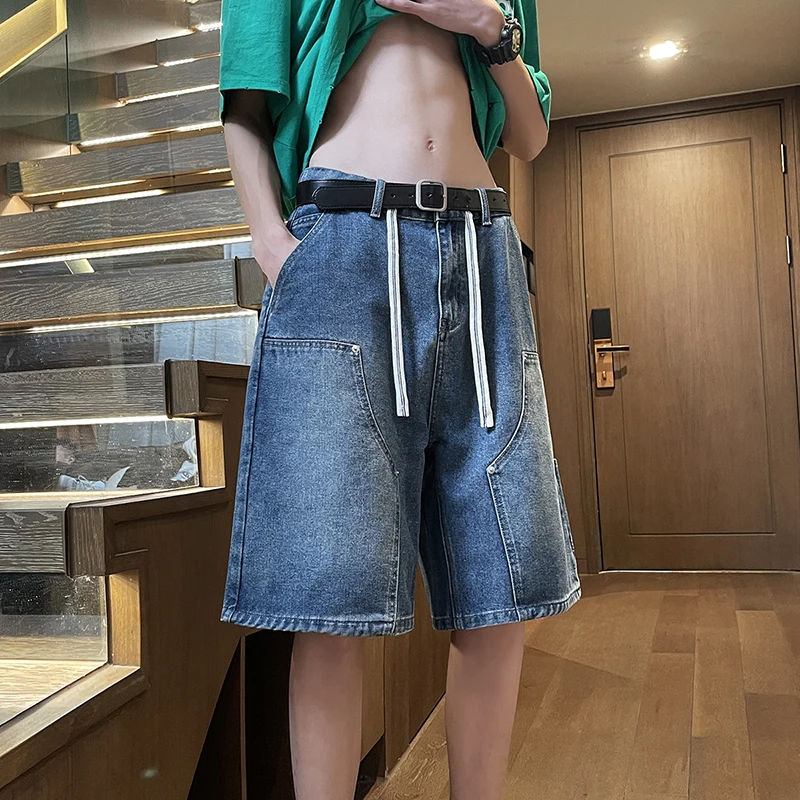 남성용 아메리칸 스타일 멀티 포켓 작업복 데님 반바지, 신축성 드로스트링 허리, 느슨한 스트레이트 레그 5 바지