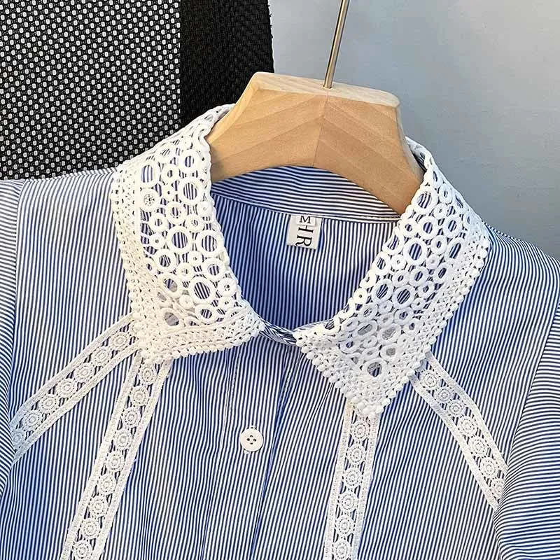 Fashion Vintage Lapel Neck Hollow Out Blouses 2024 Summer New Shirts Women Y2k Lace Puff Sleeve Loose Blusas Mujer