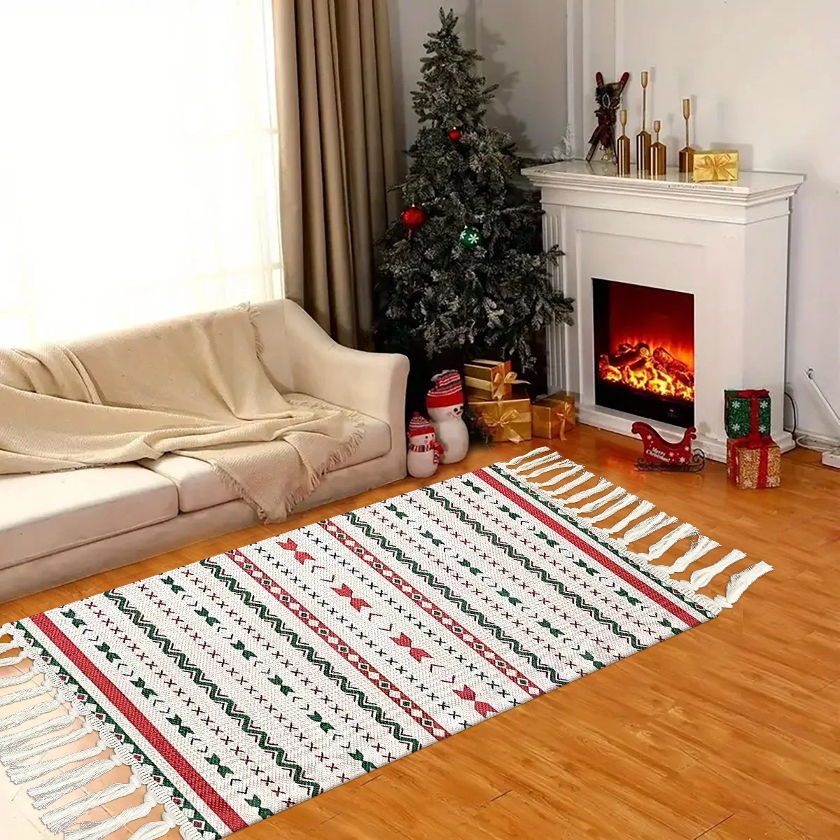 Ein gewebter Teppich im Weihnachtsstil, quadratisches Kopfteil im Retro-Stil, geometrische Bodenmatte, Wohnzimmer-Heimdekoration