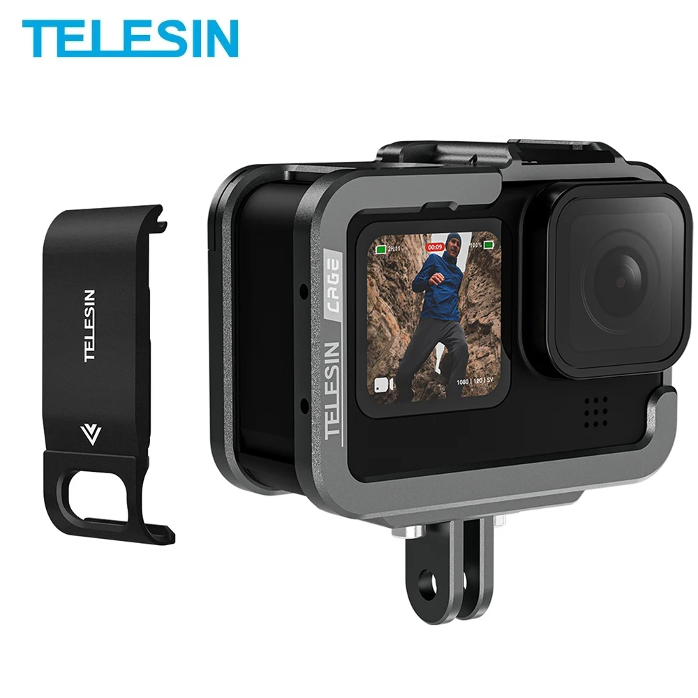 TELESIN Aluminium Alloy Frame Cage Double Clod Shoe With Battery Charging Port Side Clip Cover For GoPro 12 11 10 9 Accessory