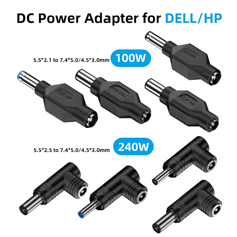 Adaptateur d'alimentation CC, prise mâle 7,4 x 5,0 4,5 x 3,0 mm vers connecteur femelle 5,5 x 2,1 mm 2,5 mm pour convertisseur de chargeur d'ordinateur portable Dell HP
