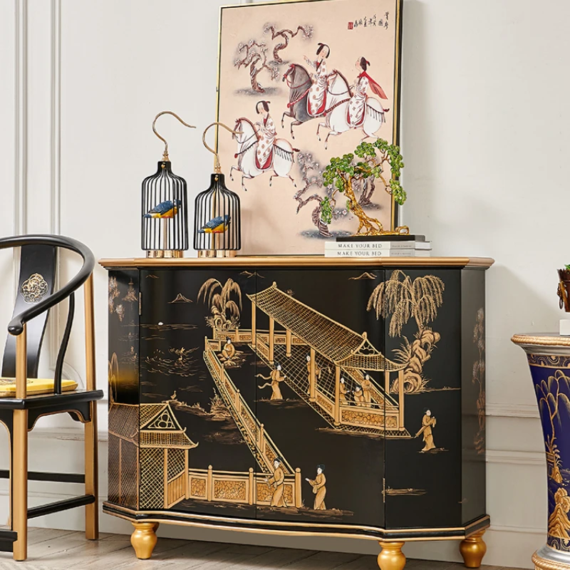 Black Gold Painting French Style Mid-Ancient Painted Figure Villa High-End Entrance Solid Wood Porch Lobby Curio Cabinet