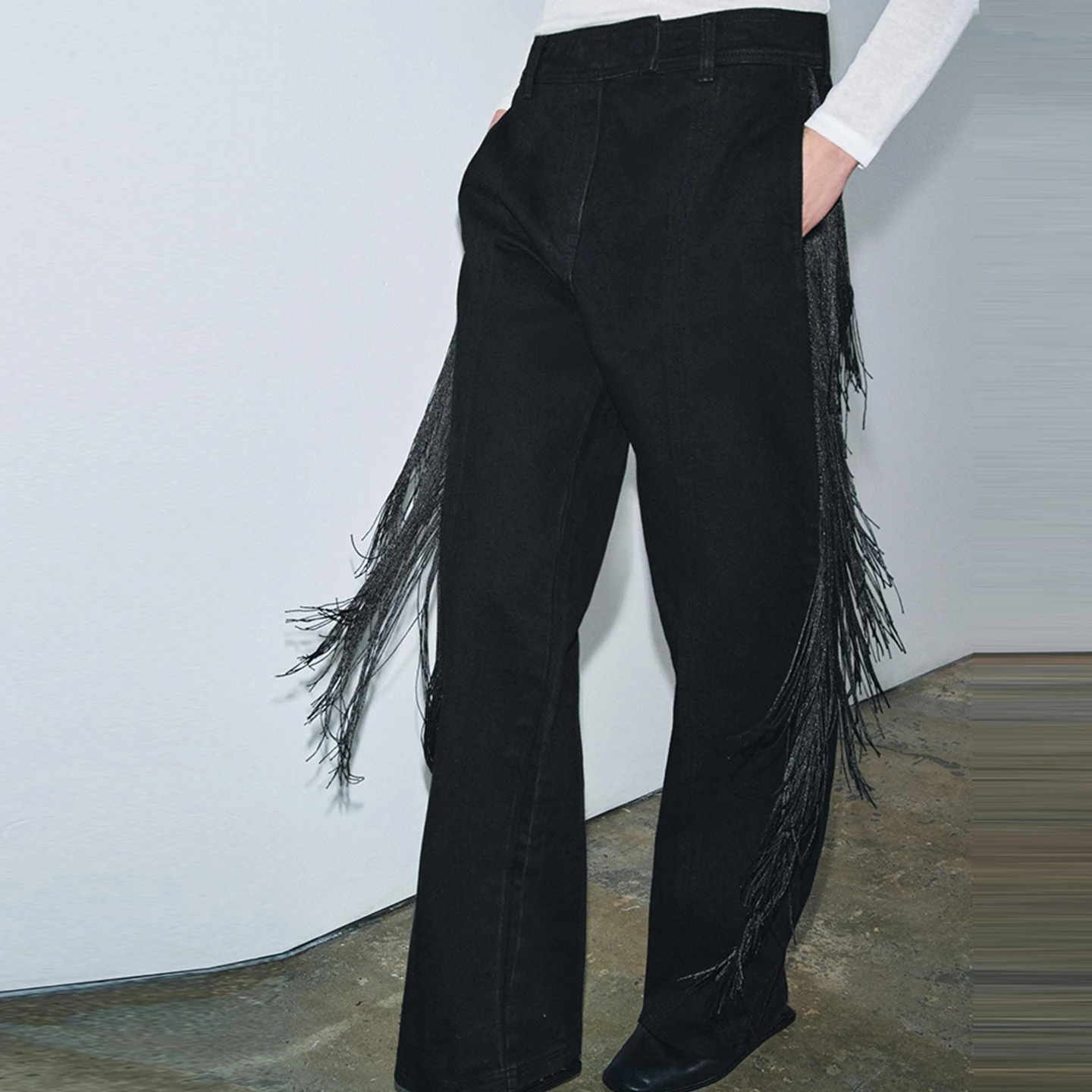 Limited Edition Fashionable Tassel Trimmed Casual Pants for Women Straight Leg Natural Waist Zipper Closure Other Material