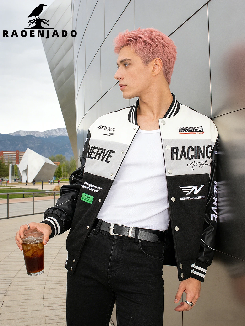 

Men's Racing Biker Jacket Casual Baseball Bomber Coat Streetwear Varsity Outerwear with Faux Leather Sleeves and Fine Embroidery