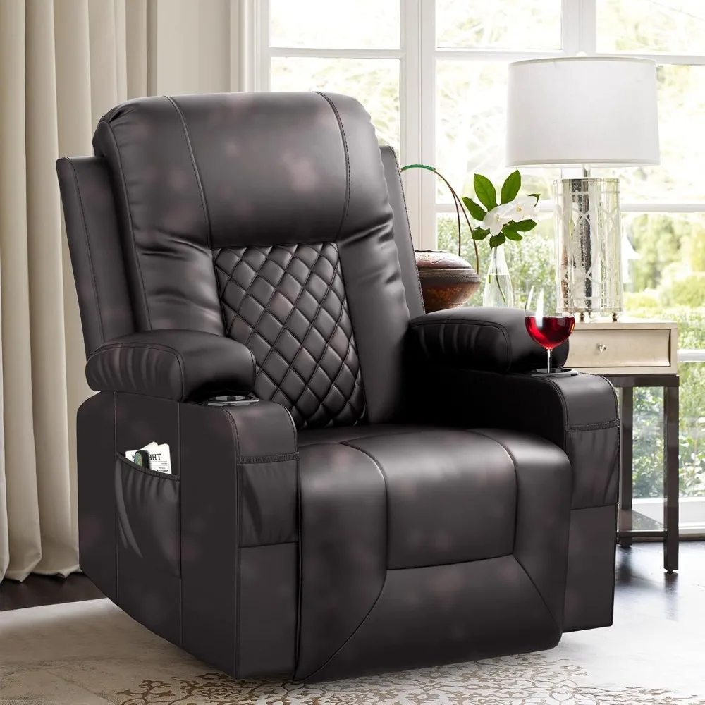 Recliner Chairs Adults, Swivel and Rocking Recliner Heat and Vibration, Leather Ergonomic Single Sofa Chair Living Room