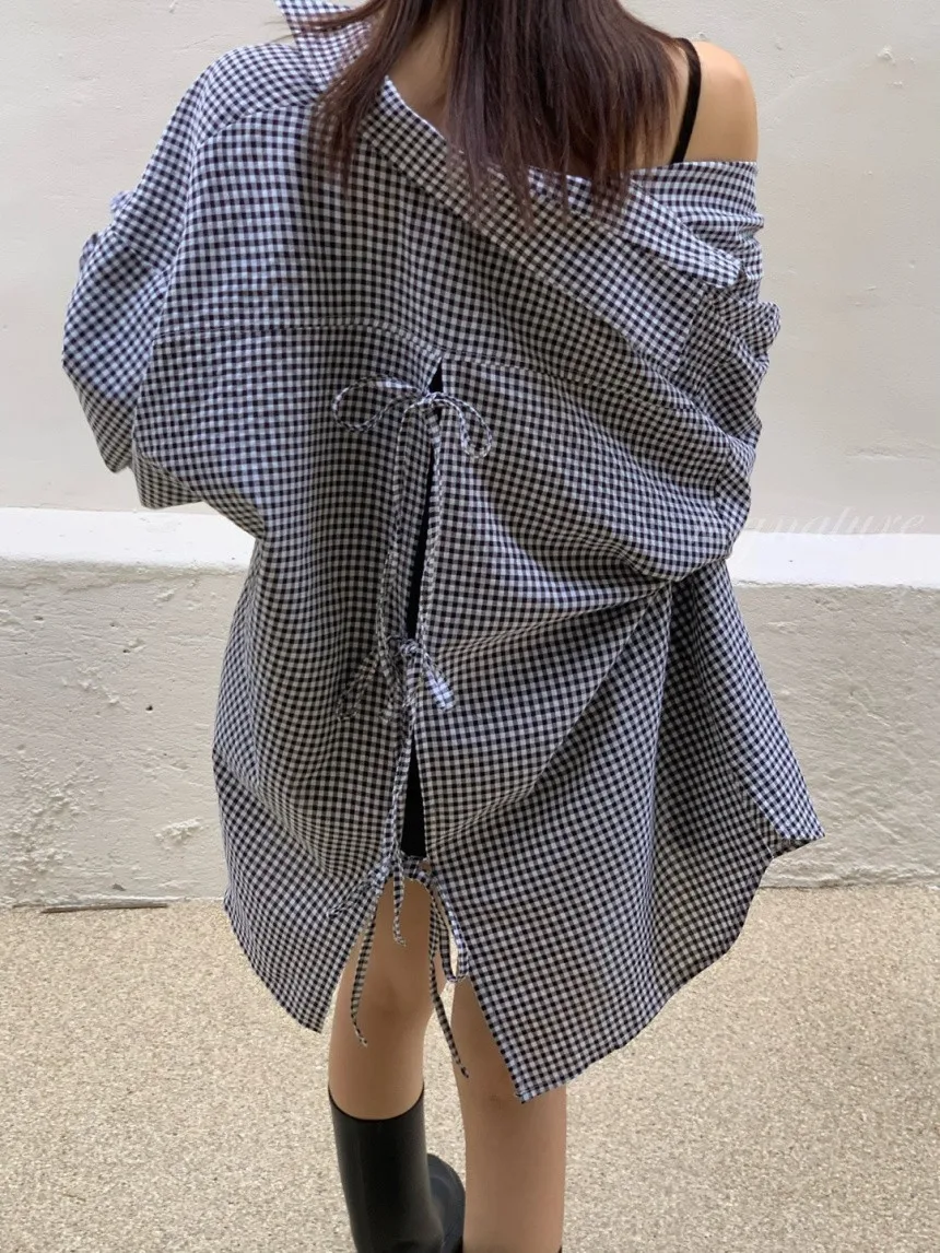 

Женский клетчатый топ свободного покроя с воротником Long Sve Sun Protection Top с поясом Ba Slit Lazy Sle Design