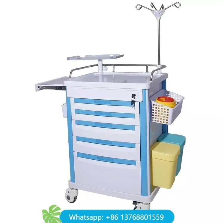 Manufactory Wholesale Hospital Clinic Patient Room Furniture With IV Drip Stand ABS Medicine Cart Emergency Trolley