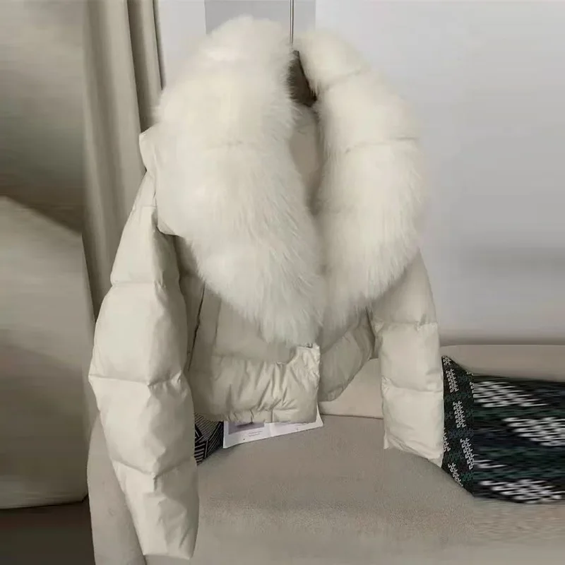 American Fashion Socialite Fox Fur Collar Short Down Jackets Elegant Single-Breasted Thick Warm Down Coats for Women Winter 2025