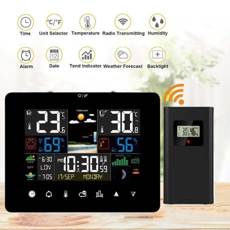 12H Weather Station With Color Touchscreens Indoor Outdoor Thermometers Humidity Monitor for Home Office Use