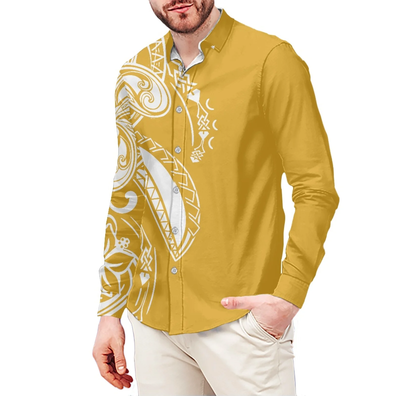 Yellow Luxury Tattoo Image Ethnic Style Printed T-Shirt Polynesian Long Sleeve Shirt Samoan Men's Dress Shirt Wedding S-6xl