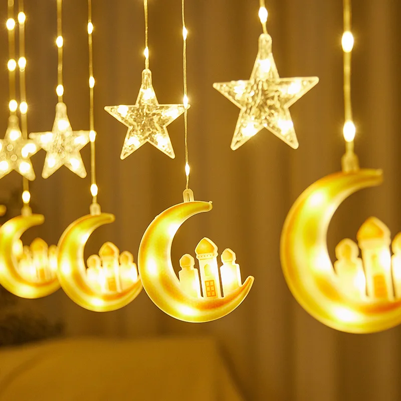 Ensemble de guirlandes lumineuses LED étoile et lune, lampe à rideaux Eid Mubarak, lanterne décorative du festival du Moyen-Orient, décoration d'intérieur Eid, fournitures de fête