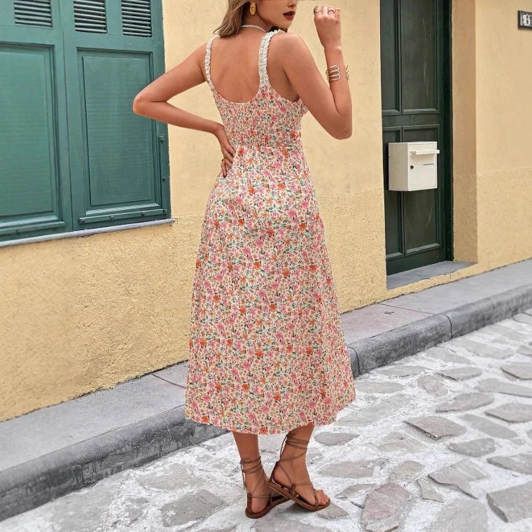 Summer 2025 Cross-Border Hit Floral Print Vacation Style Strap Long Dress Women's Knitted A-Line Skirt Thin Fabric No Sleeve
