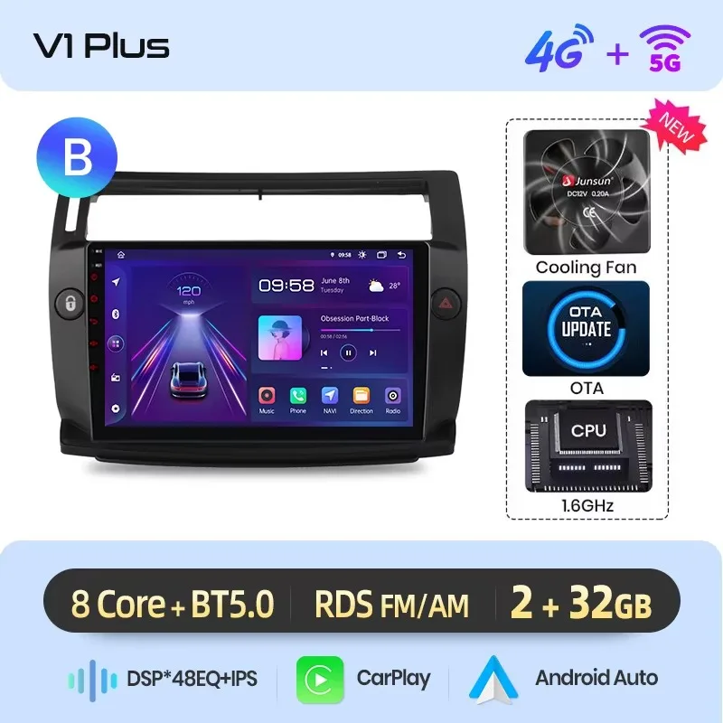Junsun draadloze CarPlay Android Auto autoradio voor Citroen C4 Mk1 (LA/LC) 2004-2011 met ingebouwde koelventilator, Android GPS navigatie, multimediaspeler, WiFi, DSP, RDS, BT, SWC, IPS touchscreen,