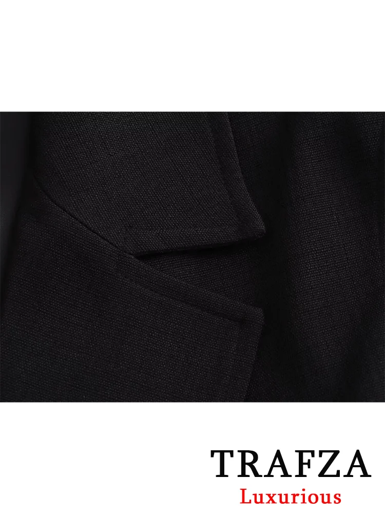 TRAFZA-Blazer preto monocromático vintage feminino, faixas com gola V, blazer sem mangas, cintura alta, calças de pernas largas, moda senhora do