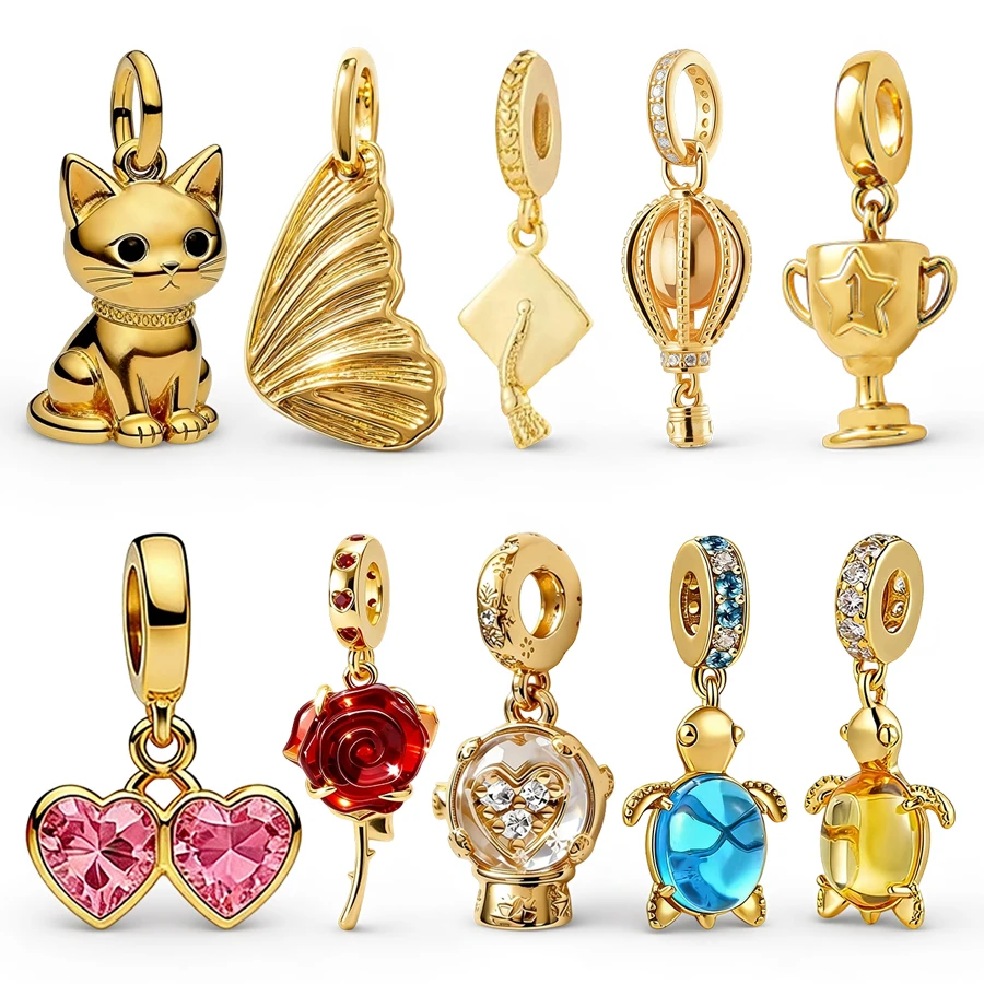 

New Sparkling Golden Charms DIY Jewelry Gift Hot Air Balloon Sea Turtle Butterfly Wing Trophy Beads Fit Original Snake Bracelets