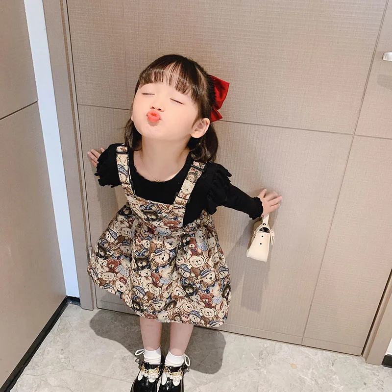 Girls retro Bear Strap Skirt21Autumn New Children's Internet Celebrity Jacquard Dress Stylish Strap Puff Dress