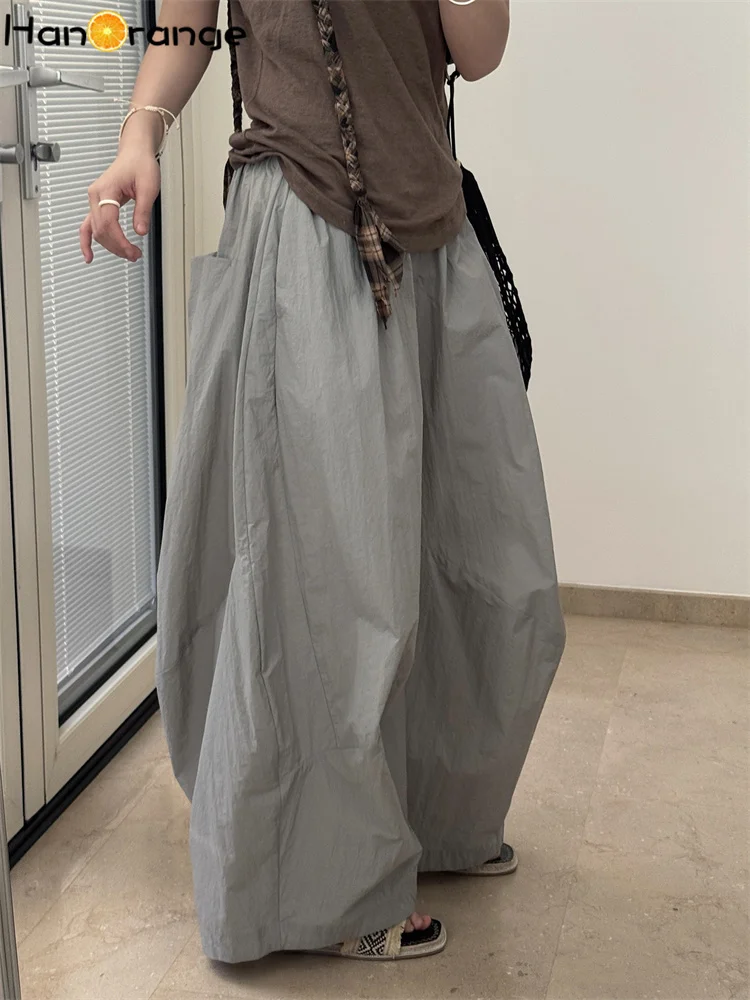 

HanOrange 2025 Summer Simple 3D Splicing Lantern Shaped 100% Nylon Pants Women Loose Wide Leg Trousers Grey/Avocado Green