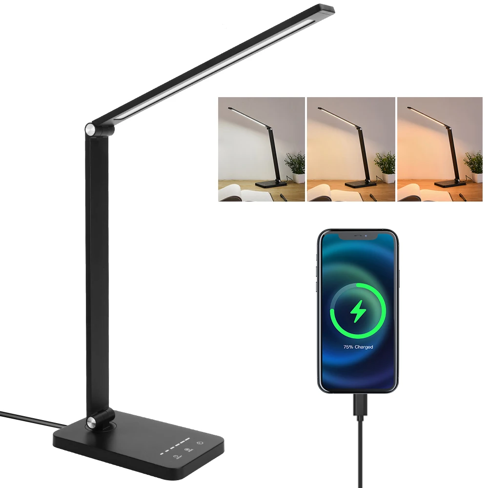 

LED Desk Lamp Dimmable Metal Material 3 Colors and 5 Brightness Levels Eye-Friendly Bedside Lamp with USB Charging