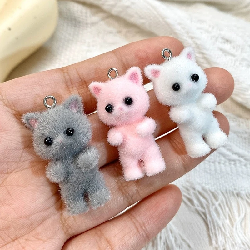 Kawaii Flocking Cats Cartoon Shape Keychain Cute Animals Chain Wrist Strap Lanyard Accessories for Bag Backpack Pendants Decor