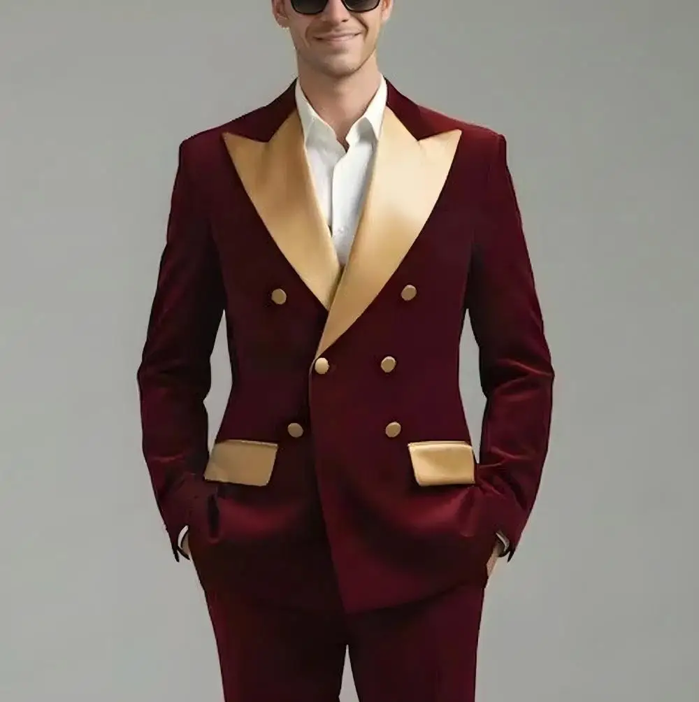 

Бордовый бархатный жених, жених, свадебная вечеринка, выпускной, мужской смокинг для торжественных случаев, мужской деловой костюм, комплект из 2 предметов, пиджак, брюки