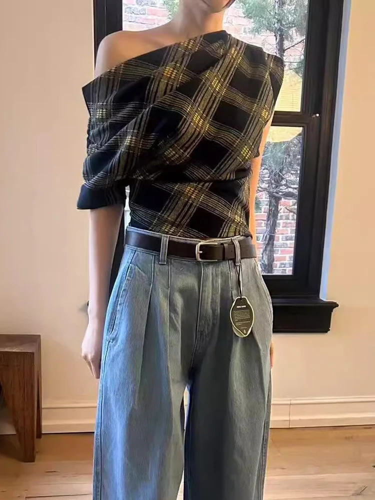Sommer Neue Retro frauen Plaid irt oulder Exposition Unregelmäßigen Schrägen Kragen Vielseitig Top Koreanische Sle Slim Fit ort Sve