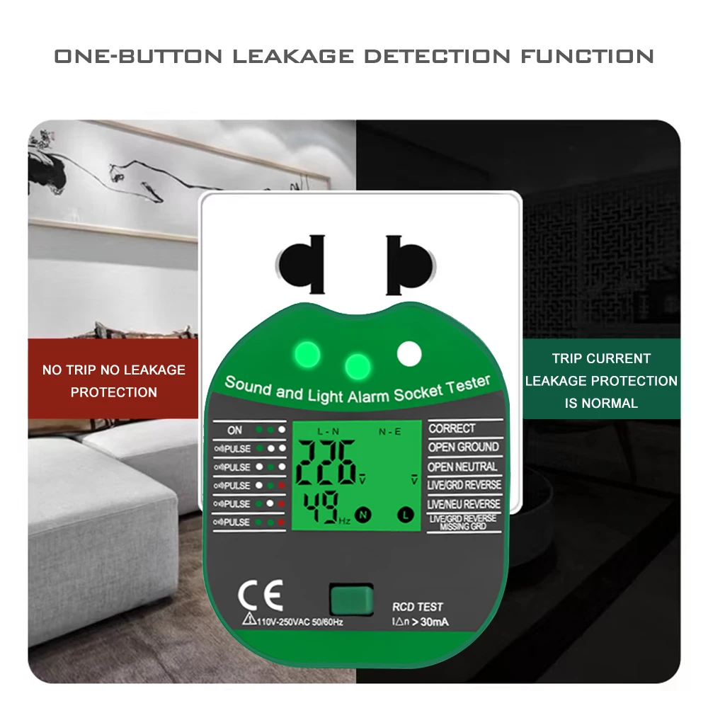 LEFAVOR Socket Tester Pro Voltage Test RCD 30mA Socket Detector UK EU Plug Ground Zero Line Plug Polarity Phase Check