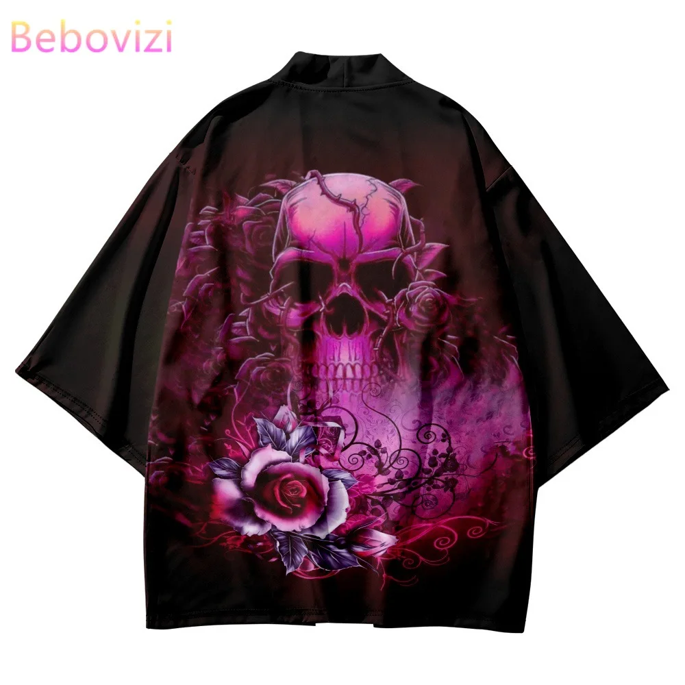 

Streetwear Skull Rose Print Cardigan Japanese Kimono Beach Women Men Cosplay Haori Yukata Traditional Asian Shirts Clothing 2023