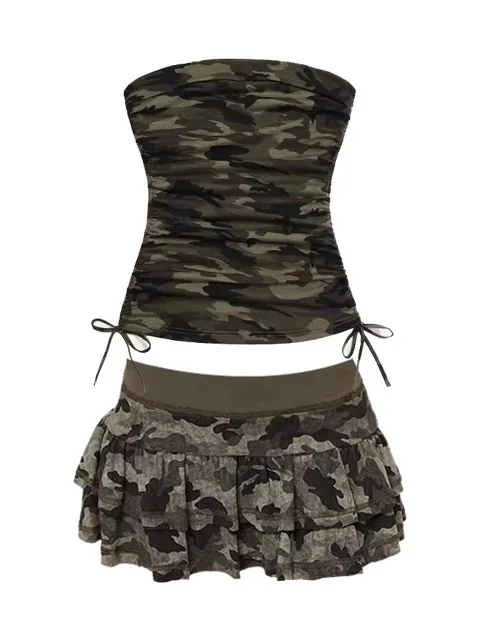 

American Sle Faionable Camouflage Design Women's Sexy Strapl Slim Fit Pleated Skirt Set Casual A-Line Skirt